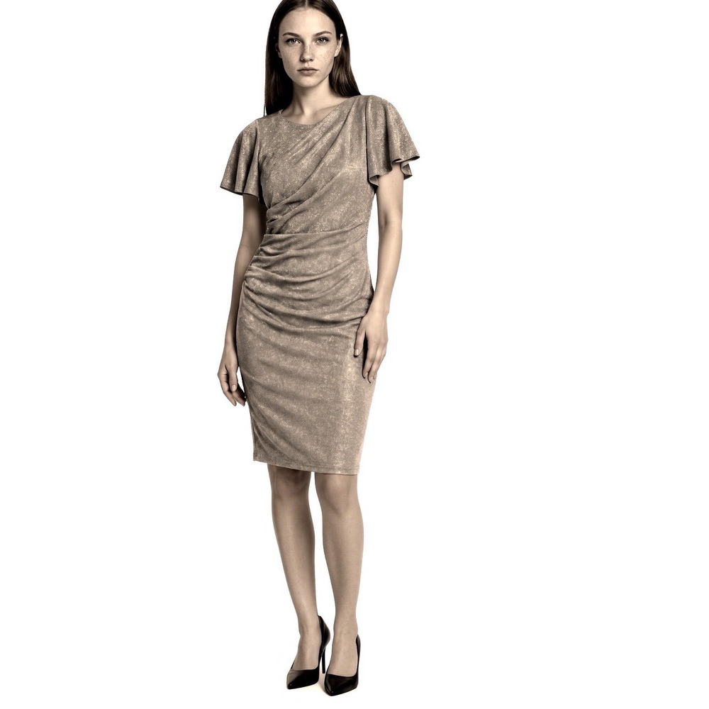 Betsy and Adam Sheath Dress Women's Size 10 Champagne Metallic Ruched Cocktail